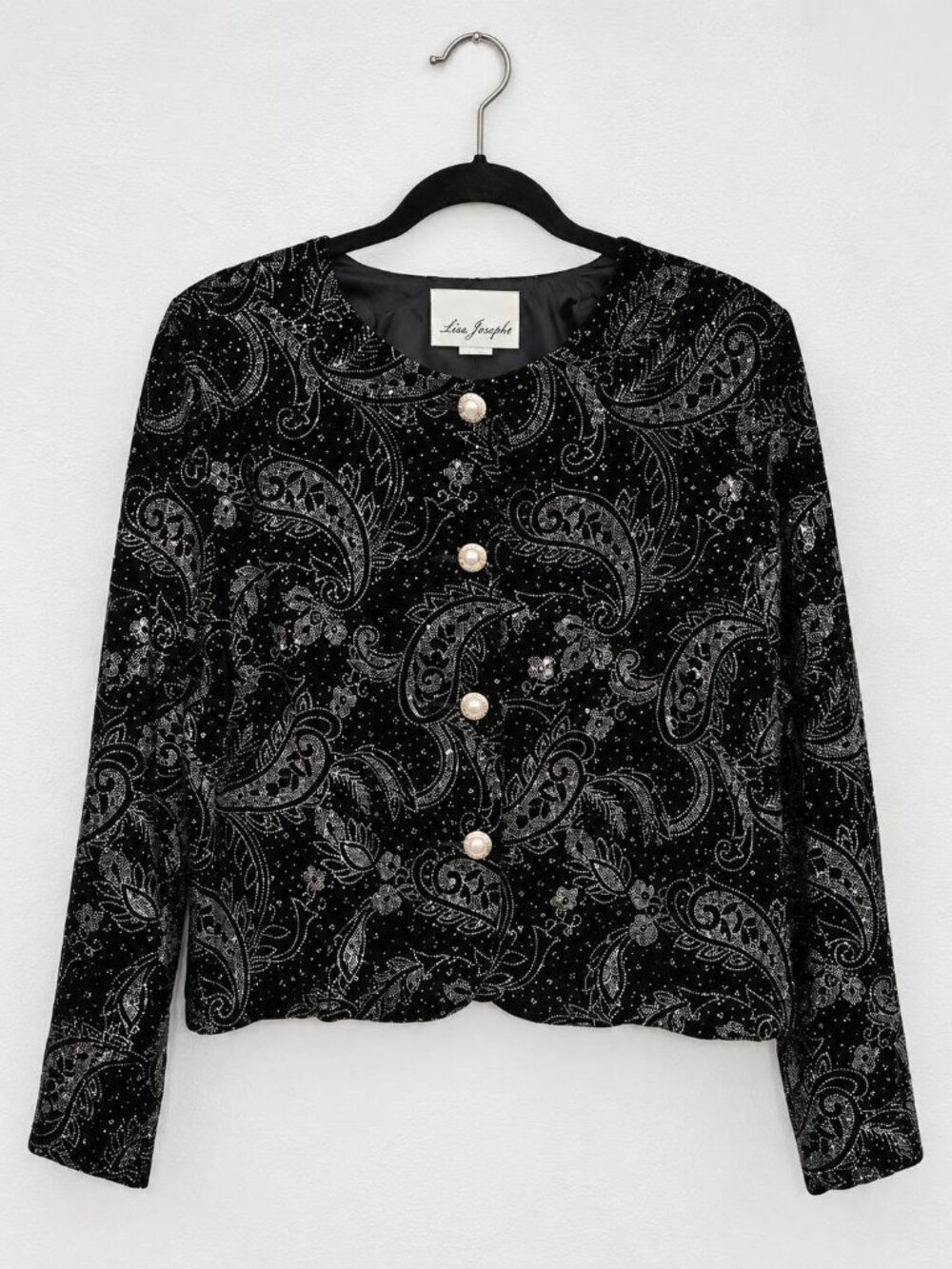 Vintage Black Velour Blazer with Silver Glitter Floral Design Large